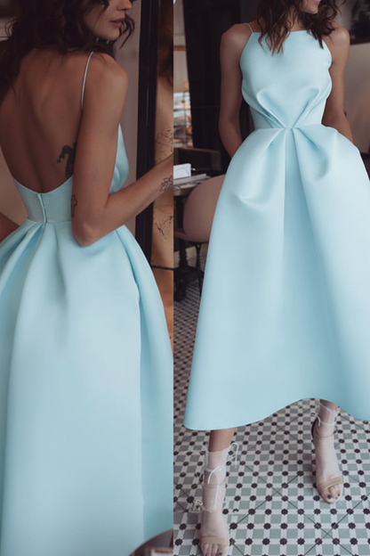 Unique Tea Length Satin Party Spaghetti Straps Backless Prom Dress