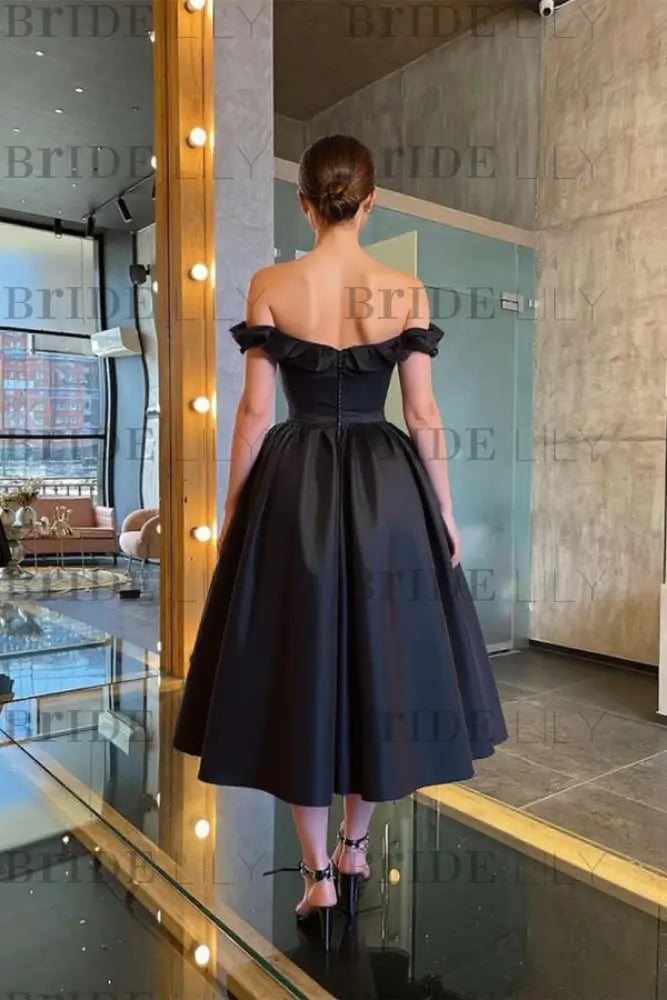 Stunning Off-the-Shoulder Black Prom Dress Tea Length Satin Formal Dress
