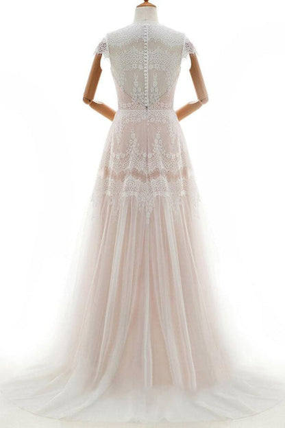Sleek Cap Sleeve Lace Tulle A-line Wedding Dress