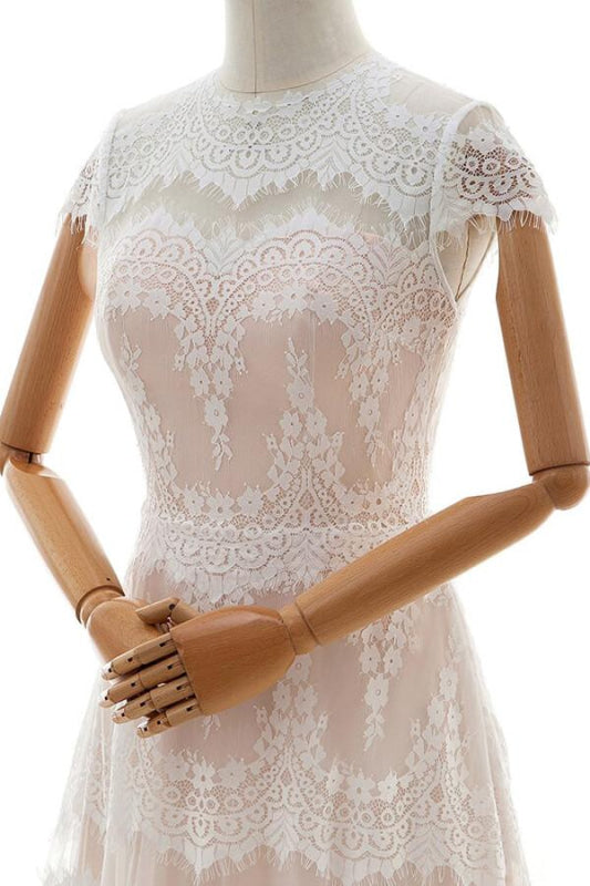 Sleek Cap Sleeve Lace Tulle A-line Wedding Dress