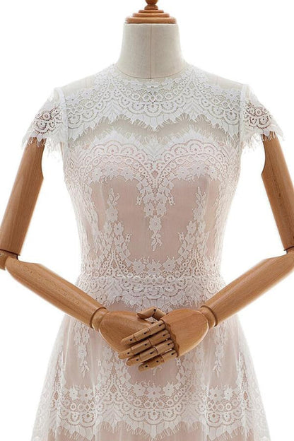 Sleek Cap Sleeve Lace Tulle A-line Wedding Dress