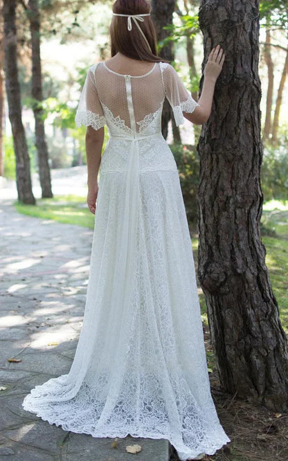 A-Line Short Sleeve Lace Appliques Illusion Back Wedding Dress