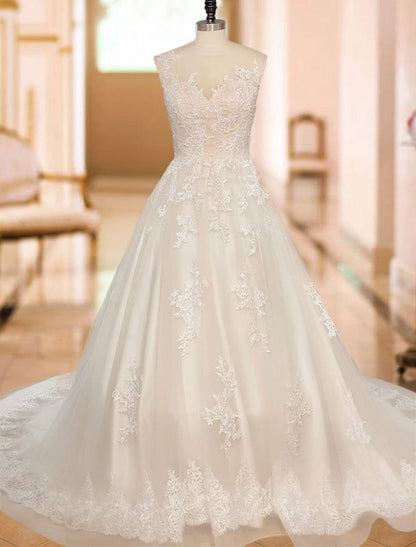 Sleeveless A Line Wedding Dresses Lace Floral Applique Bridal Gowns With Train