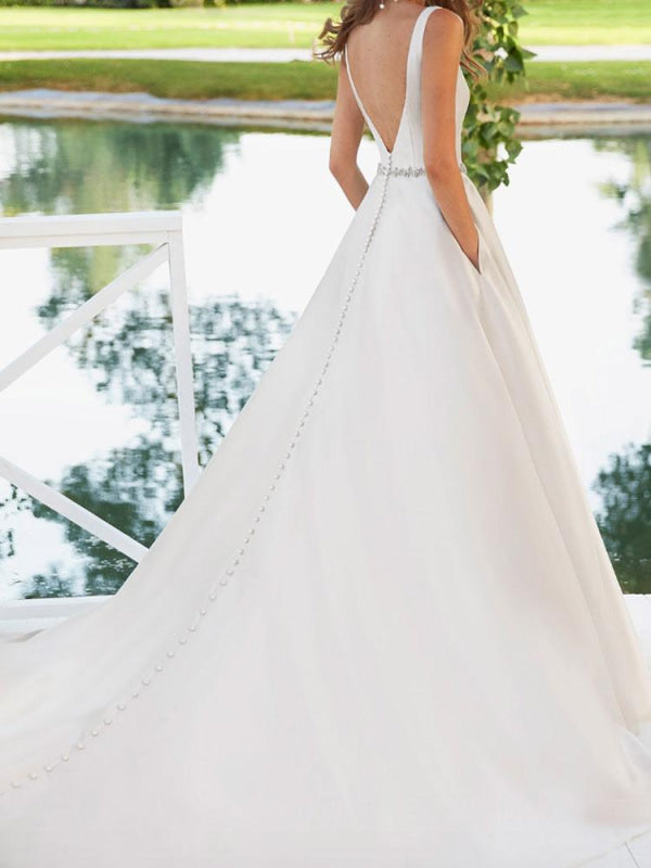 Sleeveless Beaded A Line Wedding Dresses V Neck Backless Satin Bridal Gowns