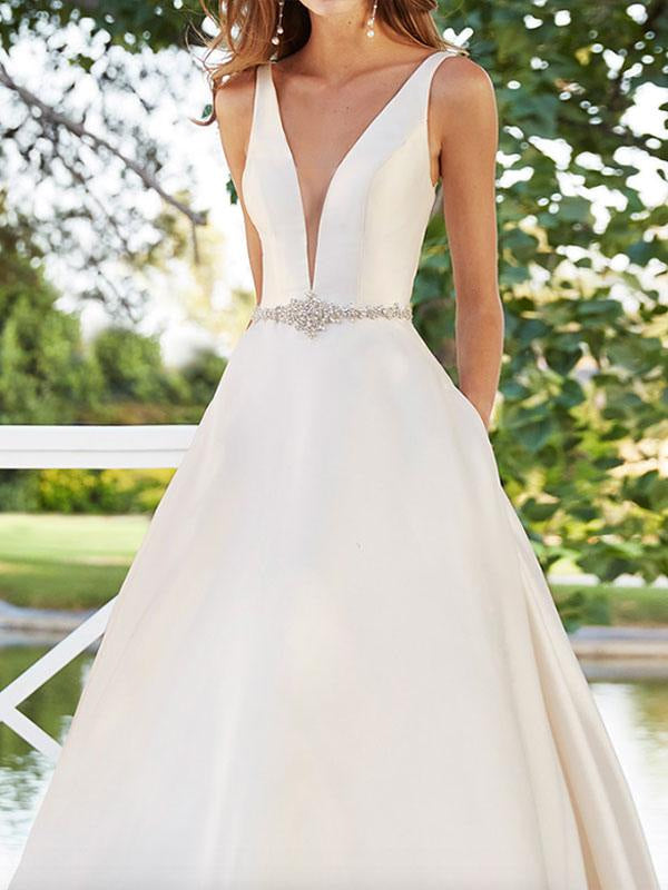 Sleeveless Beaded A Line Wedding Dresses V Neck Backless Satin Bridal Gowns