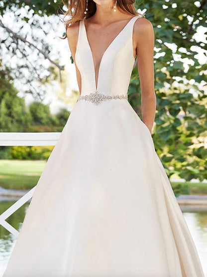 Sleeveless Beaded A Line Wedding Dresses V Neck Backless Satin Bridal Gowns