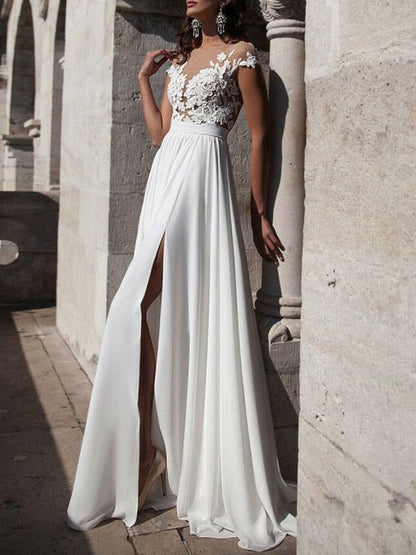 Sleeveless Boho Wedding Dress A Line V Neck Sleeveless Split Lace Appliqued Beach Bridal Gowns With Sweep Train