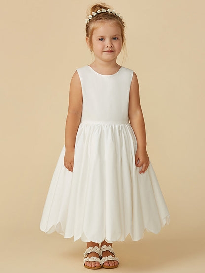 Sleeveless Jewel A-Line Tea Length Flower Girl Dress with Taffeta Sash and Pleats