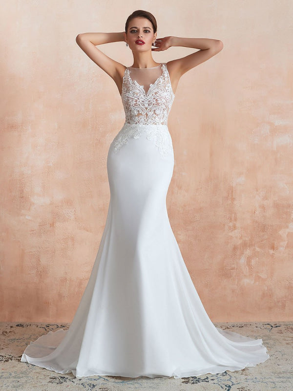 Sleeveless Lace Appliqued Mermaid Wedding Dress Beach Bridal Gowns With Train
