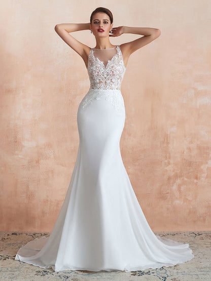 Sleeveless Lace Appliqued Mermaid Wedding Dress Beach Bridal Gowns With Train