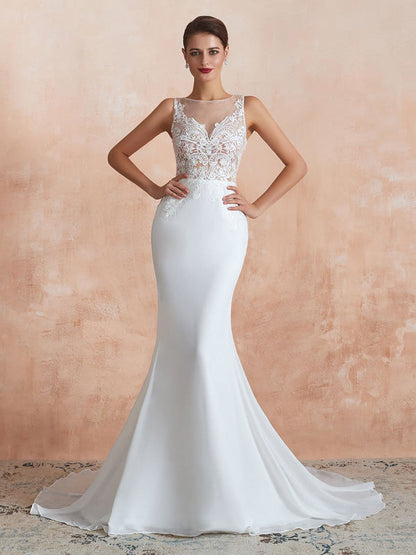 Sleeveless Lace Appliqued Mermaid Wedding Dress Beach Bridal Gowns With Train