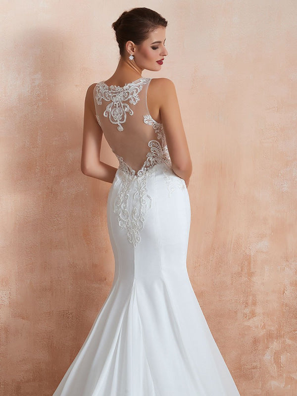 Sleeveless Lace Appliqued Mermaid Wedding Dress Beach Bridal Gowns With Train