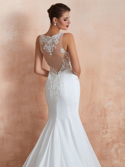 Sleeveless Lace Appliqued Mermaid Wedding Dress Beach Bridal Gowns With Train