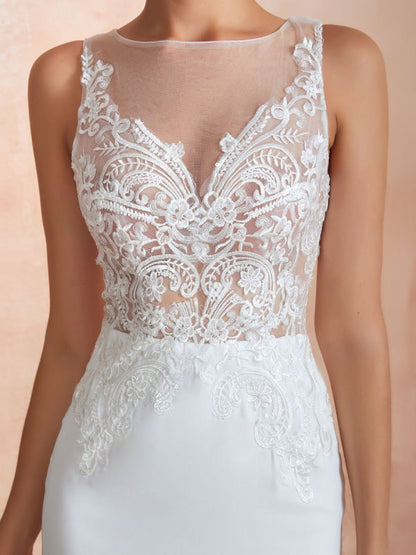 Sleeveless Lace Appliqued Mermaid Wedding Dress Beach Bridal Gowns With Train