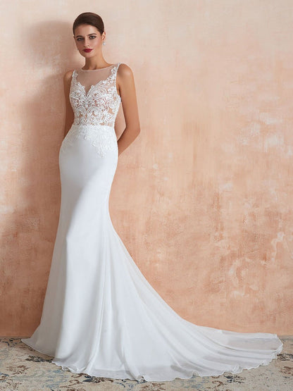 Sleeveless Lace Appliqued Mermaid Wedding Dress Beach Bridal Gowns With Train
