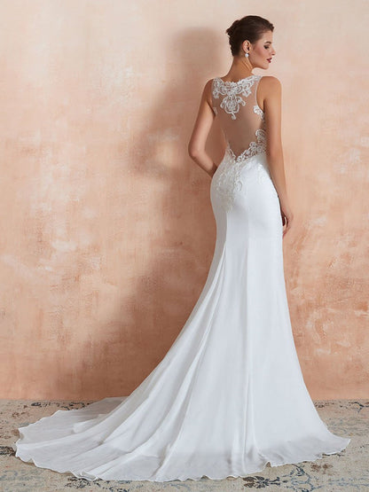 Sleeveless Lace Appliqued Mermaid Wedding Dress Beach Bridal Gowns With Train