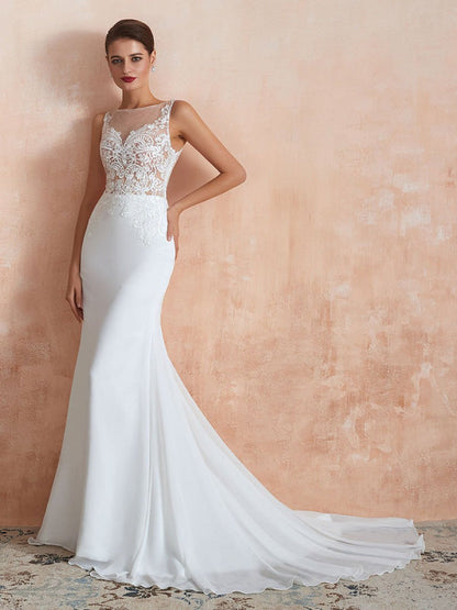 Sleeveless Lace Appliqued Mermaid Wedding Dress Beach Bridal Gowns With Train