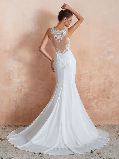 Sleeveless Lace Appliqued Mermaid Wedding Dress Beach Bridal Gowns With Train