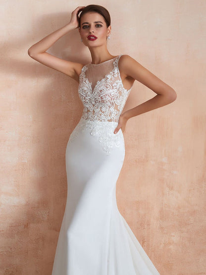 Sleeveless Lace Appliqued Mermaid Wedding Dress Beach Bridal Gowns With Train
