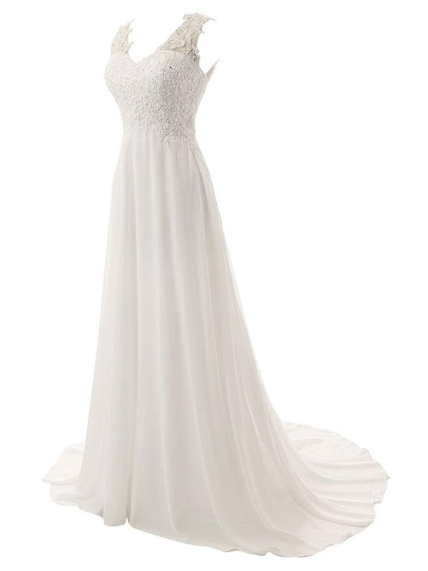 Sleeveless Lace Wedding Dress A Line V Neck Floral Beaded Bridal Dresses With Train