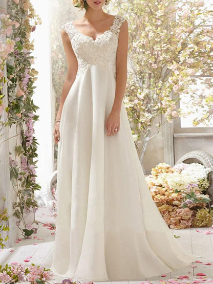 Sleeveless Lace Wedding Dress A Line V Neck Floral Beaded Bridal Dresses With Train