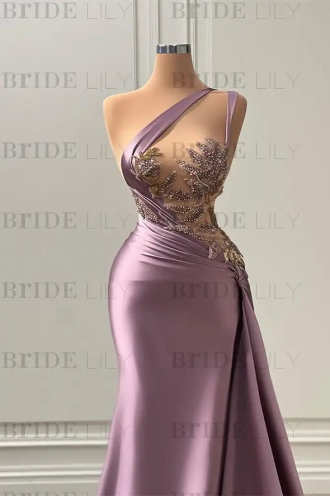 One Shoulder Purple Mermaid Prom Dress with Pleated Beading
