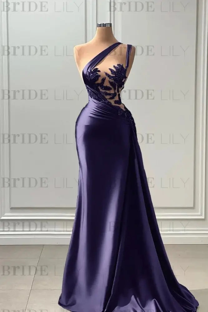 One Shoulder Purple Mermaid Prom Dress with Pleated Beading