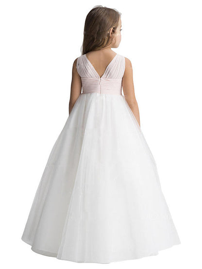 Sleeveless V-Neck A-Line Flower Girl Dress with Ruching and Tulle Floor Length