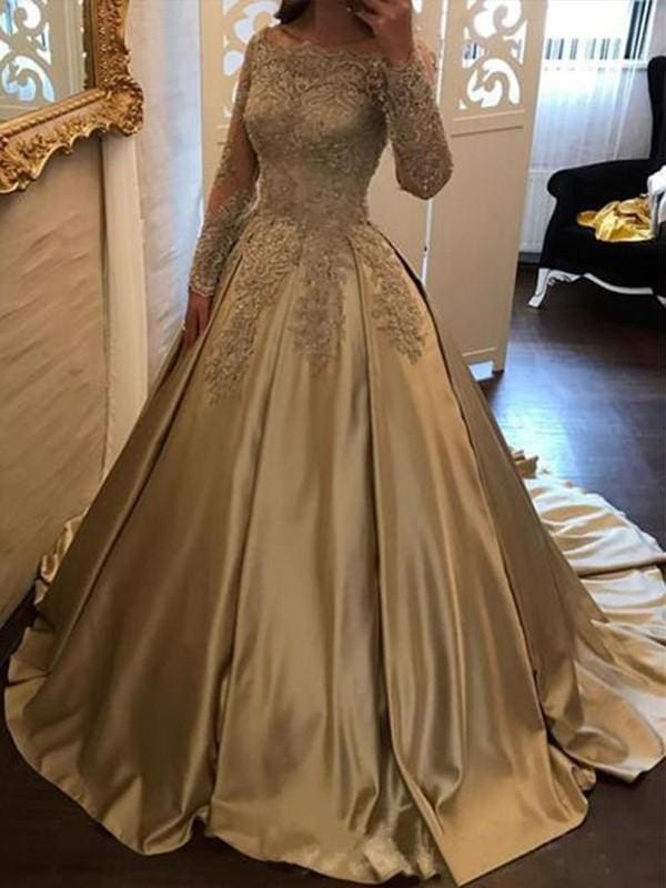 Off-the-Shoulder Ball Gown Prom Dress with Appliqué Long Sleeve Satin Evening Gown