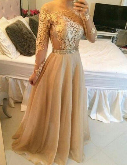 Long Sleeves Sheer Prom Dresses A-line Crystals Sexy Formal Evening Gowns