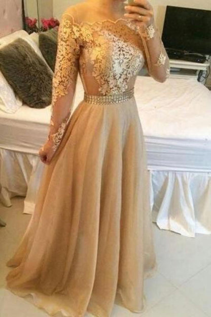Long Sleeves Sheer Prom Dresses A-line Crystals Sexy Formal Evening Gowns