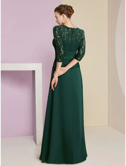 Aimishang  A-Line Mother of the Bride Dress Wedding Guest Elegant Scoop Neck Floor Length Stretch Chiffon 3/4 Length Sleeve with Lace Sequin Ruching