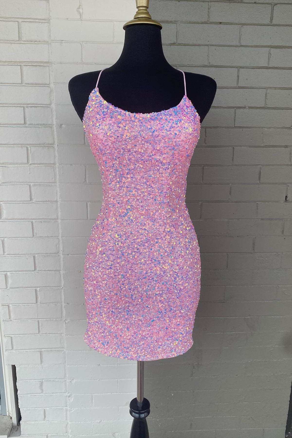 Hot Pink Sequin Lace-Up Mini Cocktail Dress