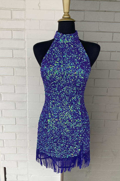 Black Sequins Halter Tassel Mini Party Dress