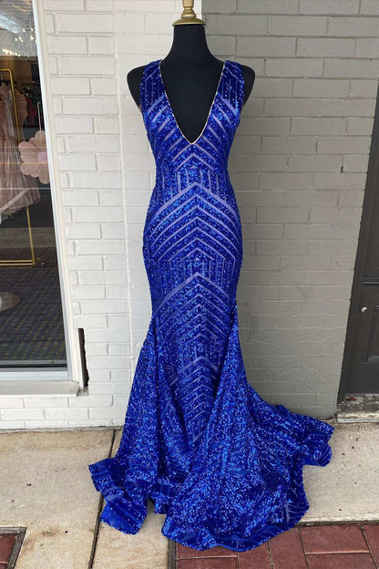 Plunging V-Neck  Sequins Sleeveless Mermaid Long Evening Prom Dress