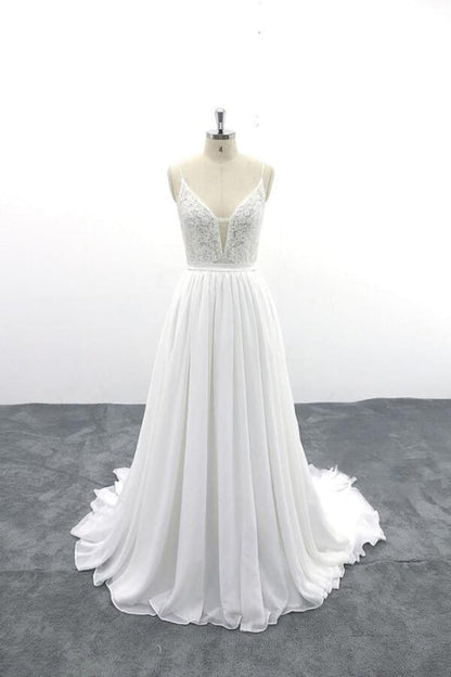 Spaghetti Strap Lace Chiffon A-line Wedding Dress