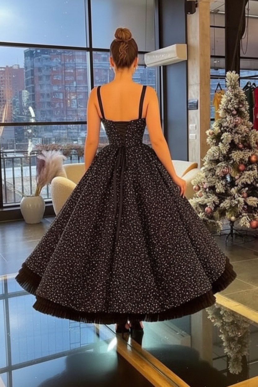 Spaghetti-Strap Lace Sweetheart Ball Gown Prom Dress With Beads Ankle Length Cocktail Dress