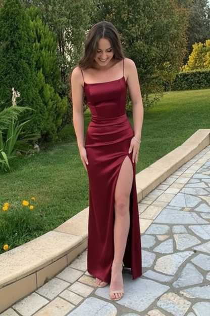 Spaghetti Straps Mermaid Champagne Satin Long Prom Dresses with High Slit Formal Graduation Evening Dresses