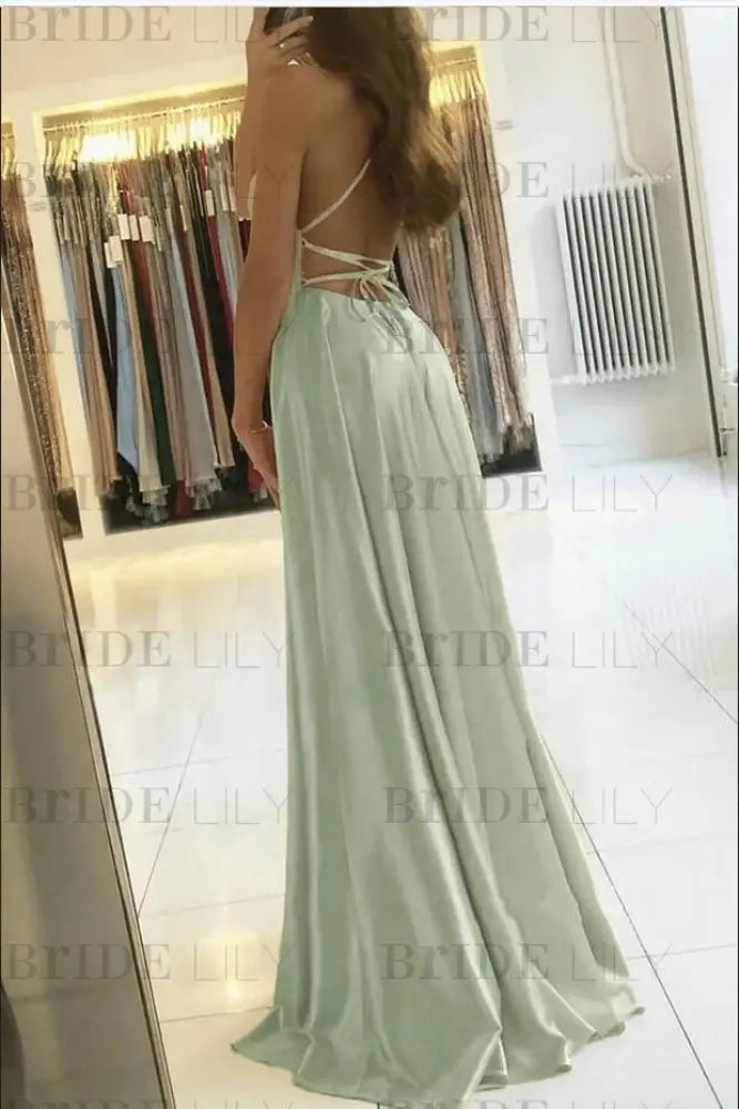 Spaghetti Straps Simple Satin Long Prom Dress with Slit