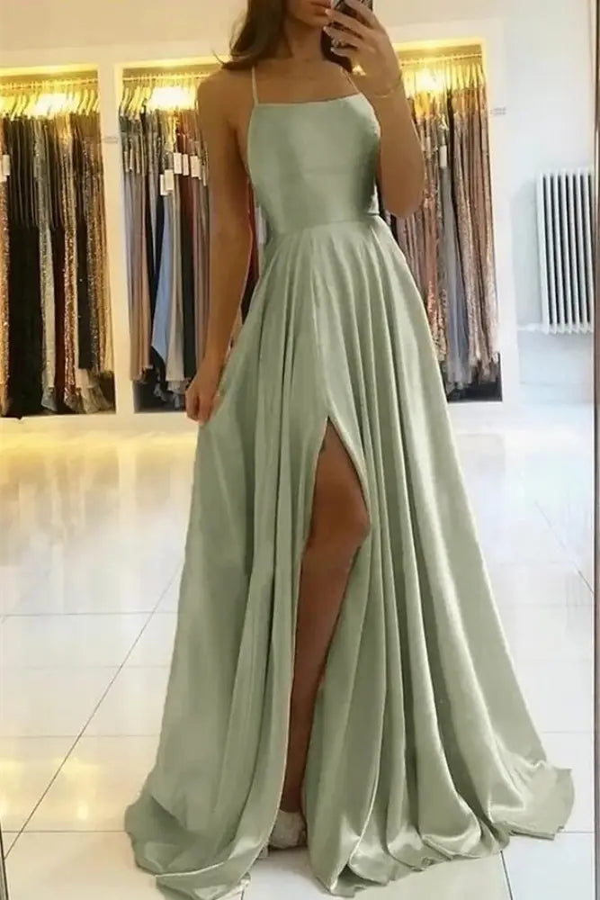 Spaghetti Straps Simple Satin Long Prom Dress with Slit