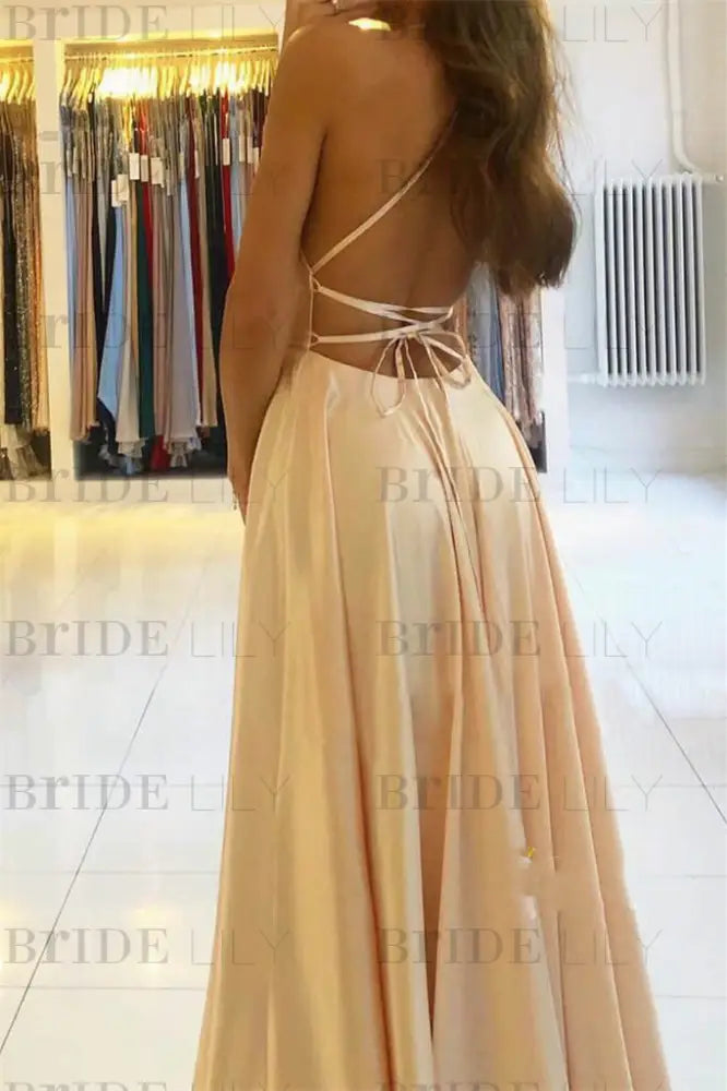 Spaghetti Straps Simple Satin Long Prom Dress with Slit