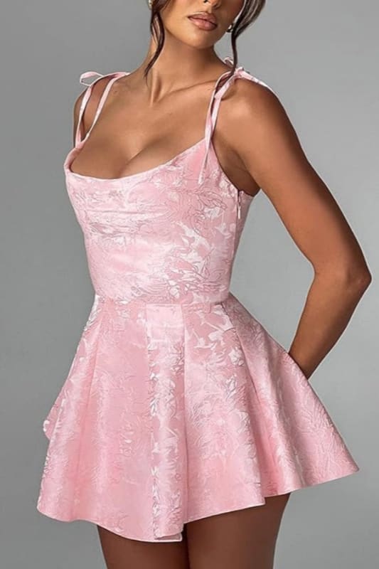 Spaghetti Straps Satin Mini Party Dress Jacquard Homecoming Dress Sleeveless