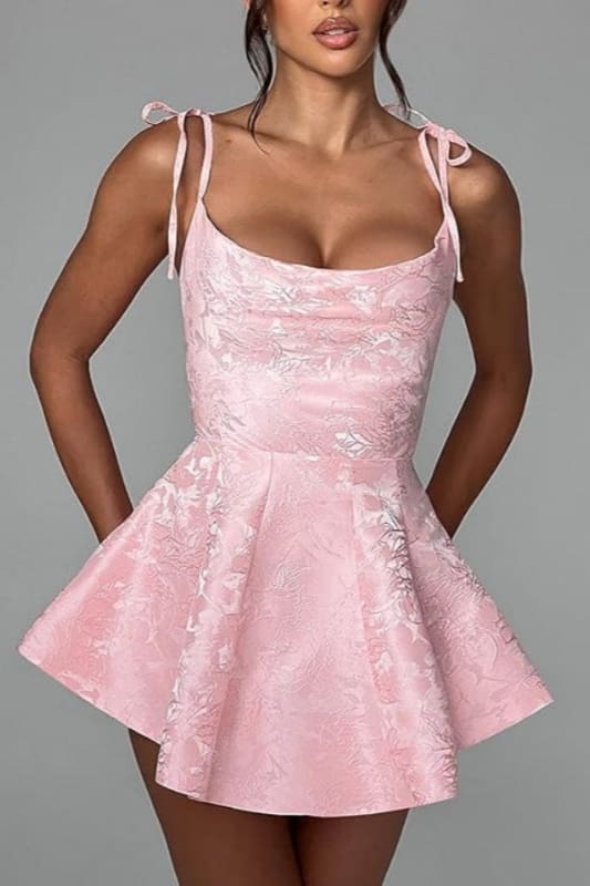 Spaghetti Straps Satin Mini Party Dress Jacquard Homecoming Dress Sleeveless