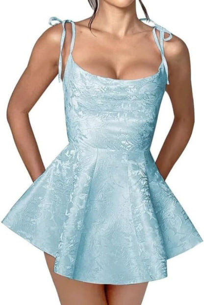 Spaghetti Straps Satin Mini Party Dress Jacquard Homecoming Dress Sleeveless