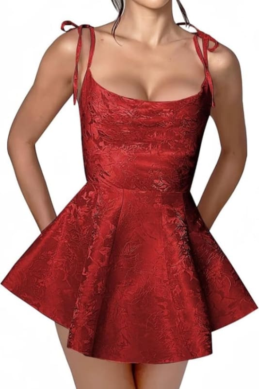 Spaghetti Straps Satin Mini Party Dress Jacquard Homecoming Dress Sleeveless