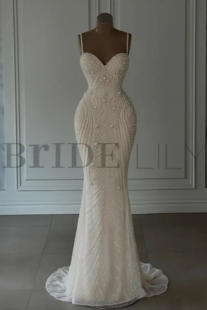 Spaghetti Straps Sweetheart Mermaid Wedding Dress Beadings Pearls Bridal Gown
