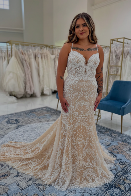 Spaghetti Straps Tulle Appliques Lace Mermaid Wedding Dresses