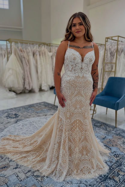 Spaghetti Straps Tulle Appliques Lace Mermaid Wedding Dresses