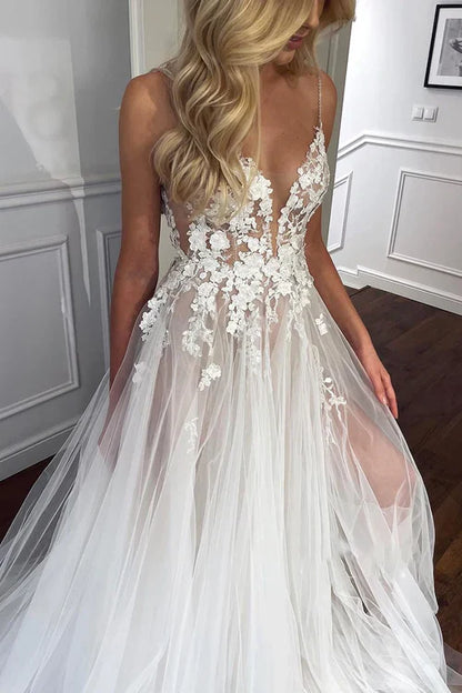 Aimishang Elegant Spaghetti Straps V-Neck Lace Appliques A-line Tulle Rustic Wedding Dress