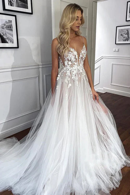 Aimishang Elegant Spaghetti Straps V-Neck Lace Appliques A-line Tulle Rustic Wedding Dress
